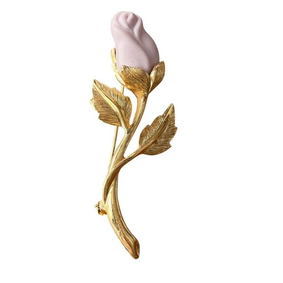 Avon Jewelry - Vintage Avon Gold Tone Pink Porcelain Rose Bud on Stem Signed Pin Brooch